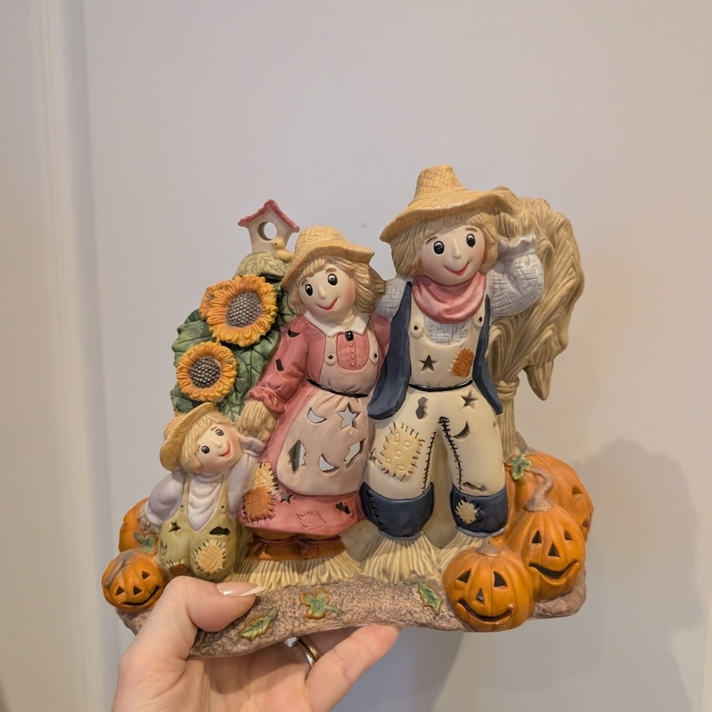 Scarecrow Family Figurine with Pumpkins Candle Holder
